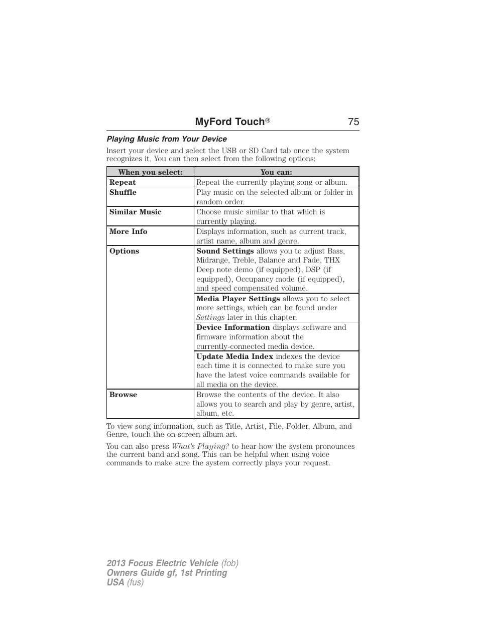 Playing music from your device, Myford touch ா 75 | FORD 2013 Focus Electric User Manual | Page 75 / 386