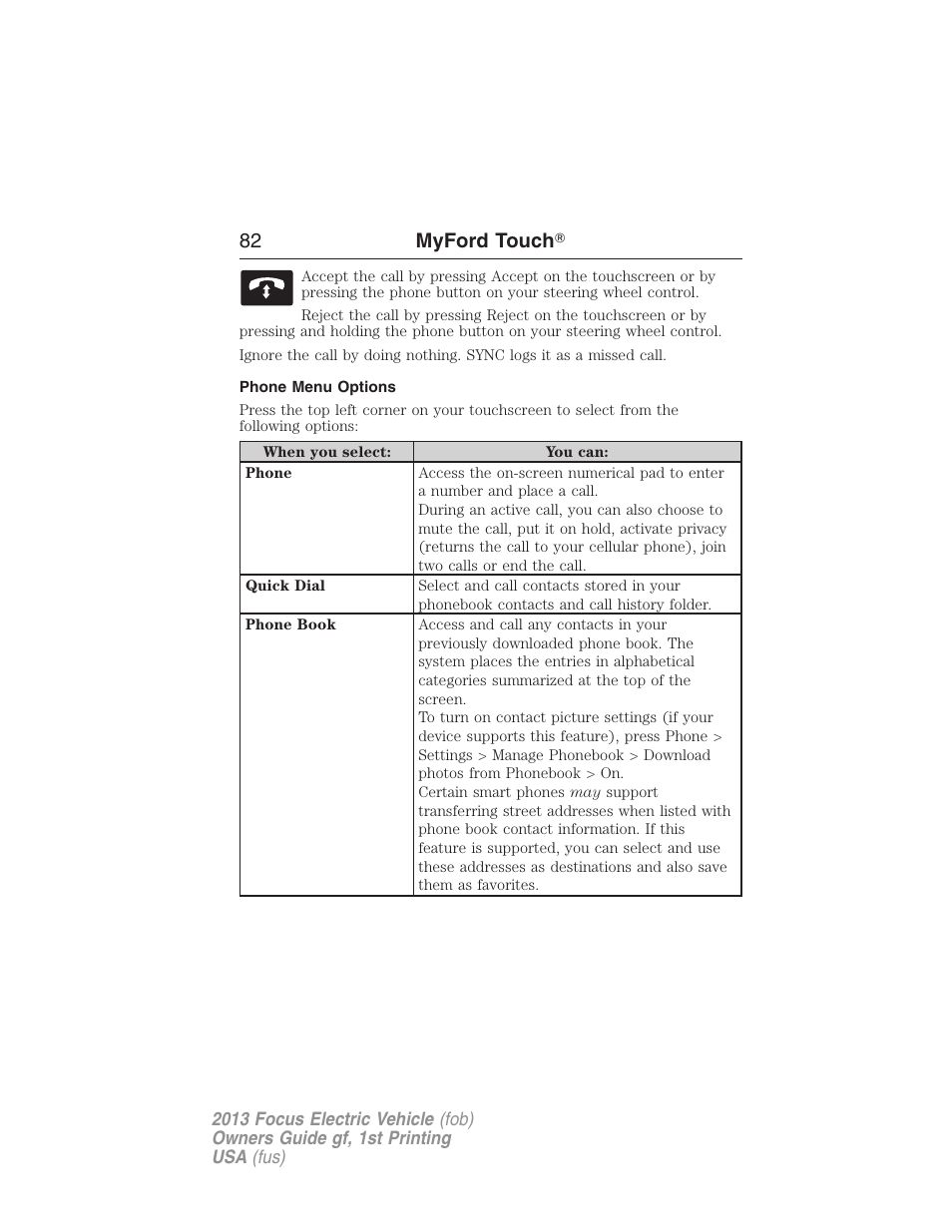 Phone menu options, 82 myford touch | FORD 2013 Focus Electric User Manual | Page 82 / 386