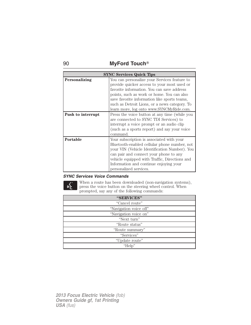 Sync services voice commands, 90 myford touch | FORD 2013 Focus Electric User Manual | Page 90 / 386