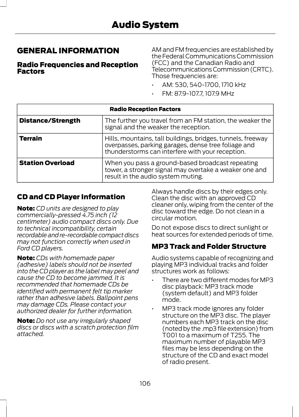 Audio system, General information | FORD 2013 Fusion v.1 User Manual | Page 108 / 449