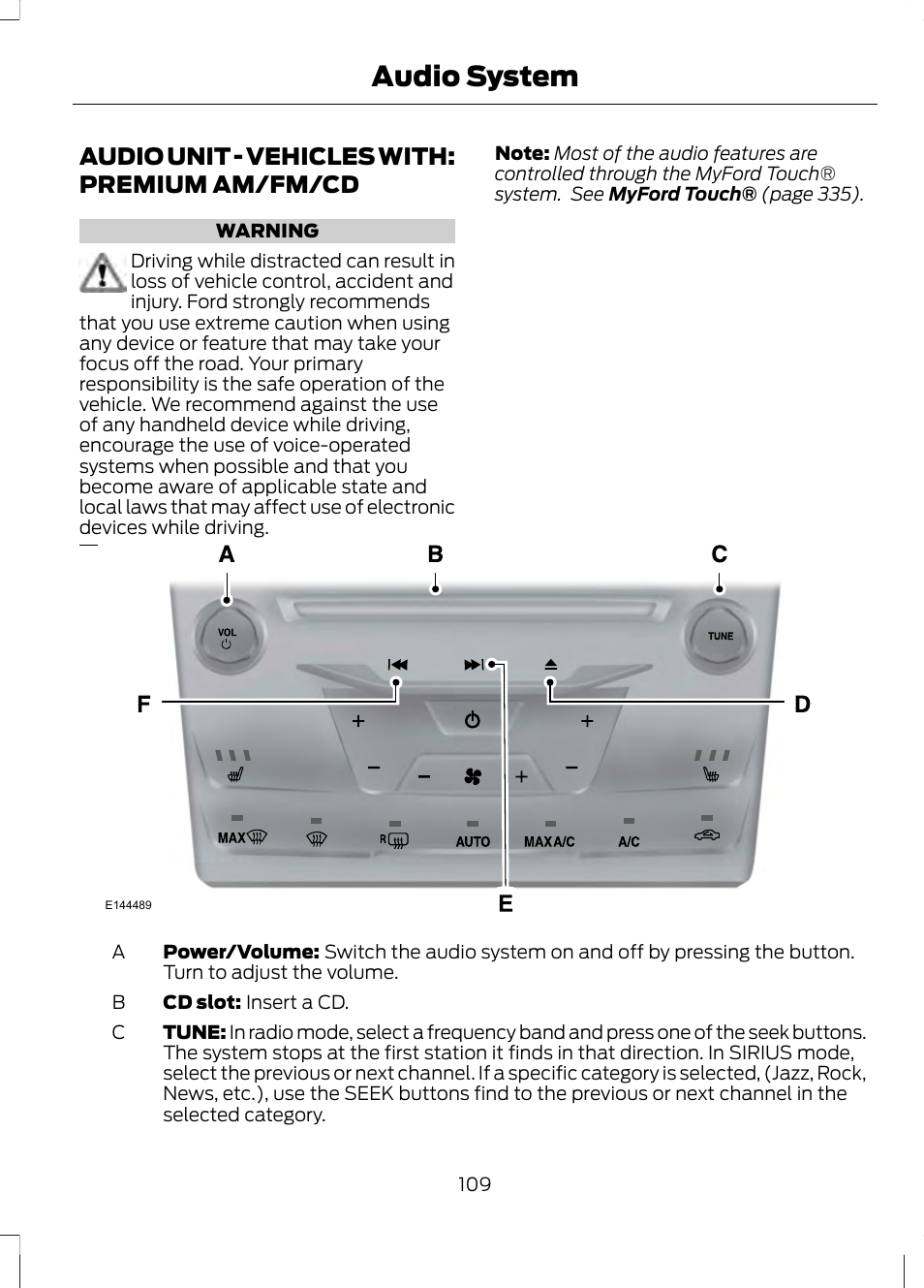 Audio unit, Audio unit - vehicles with: premium, Am/fm/cd | Audio system, Audio unit - vehicles with: premium am/fm/cd | FORD 2013 Fusion v.1 User Manual | Page 111 / 449