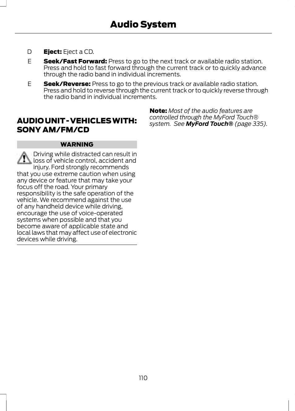 Audio unit, Audio unit - vehicles with: sony, Am/fm/cd | Audio system, Audio unit - vehicles with: sony am/fm/cd | FORD 2013 Fusion v.1 User Manual | Page 112 / 449