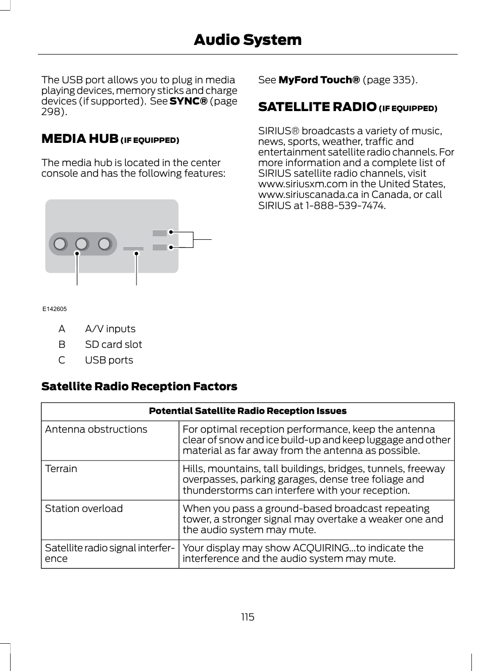 Media hub, Satellite radio, Media hub satellite radio | Audio system, Cb a | FORD 2013 Fusion v.1 User Manual | Page 117 / 449