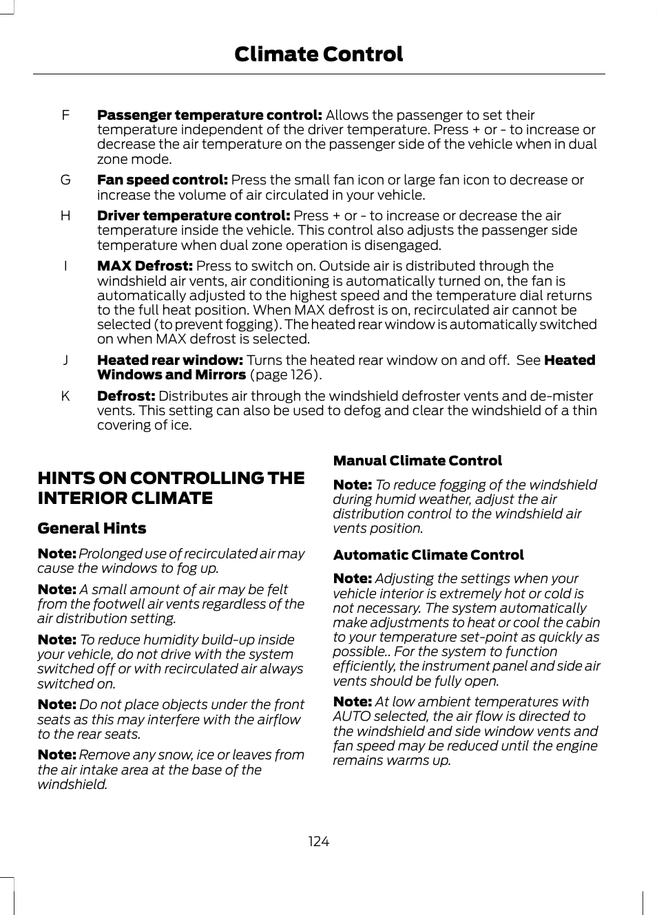 Hints on controlling the interior climate, Hints on controlling the interior, Climate | Climate control | FORD 2013 Fusion v.1 User Manual | Page 126 / 449