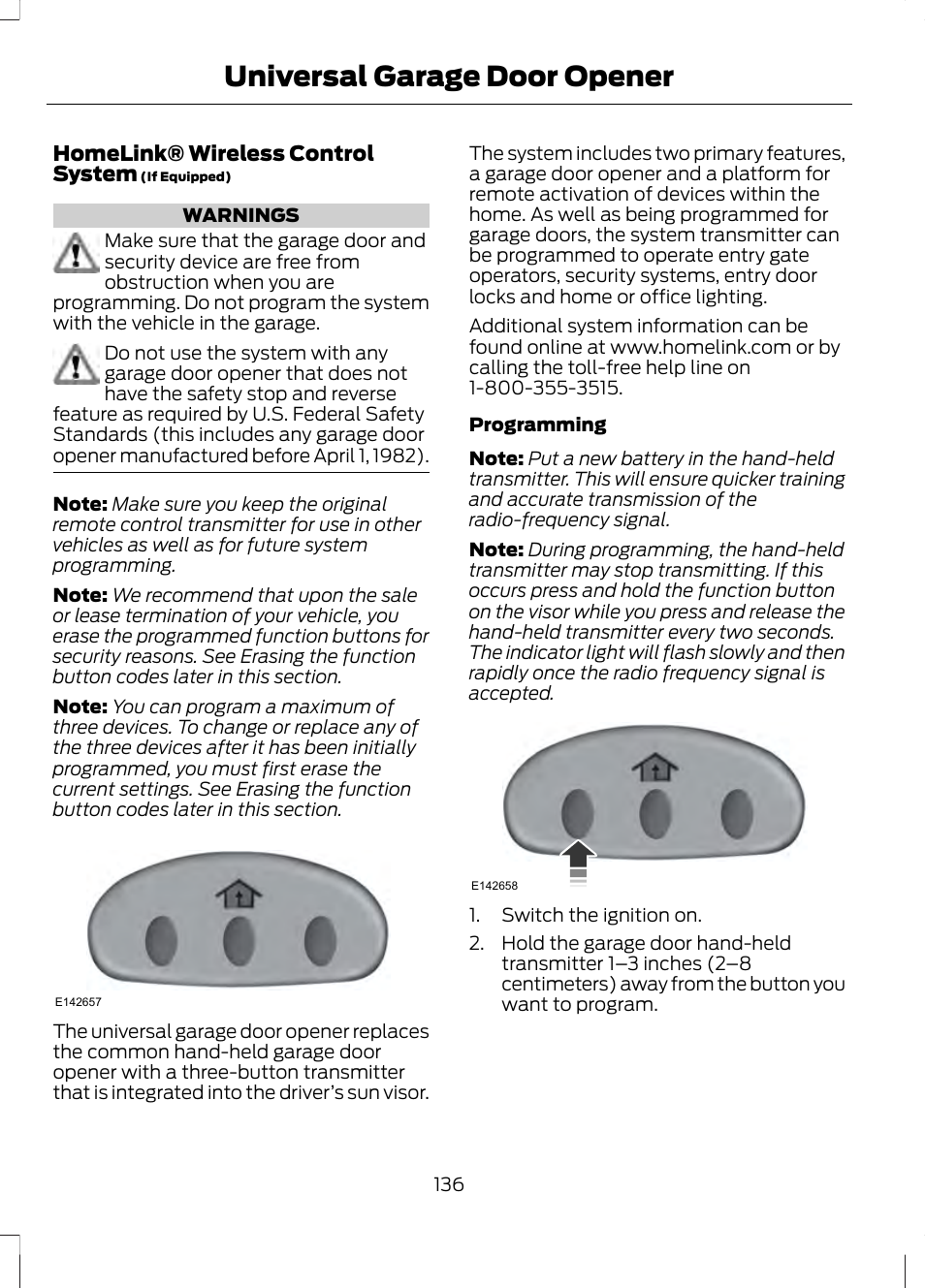 Universal garage door opener, Universal garage door, Opener | FORD 2013 Fusion v.1 User Manual | Page 138 / 449