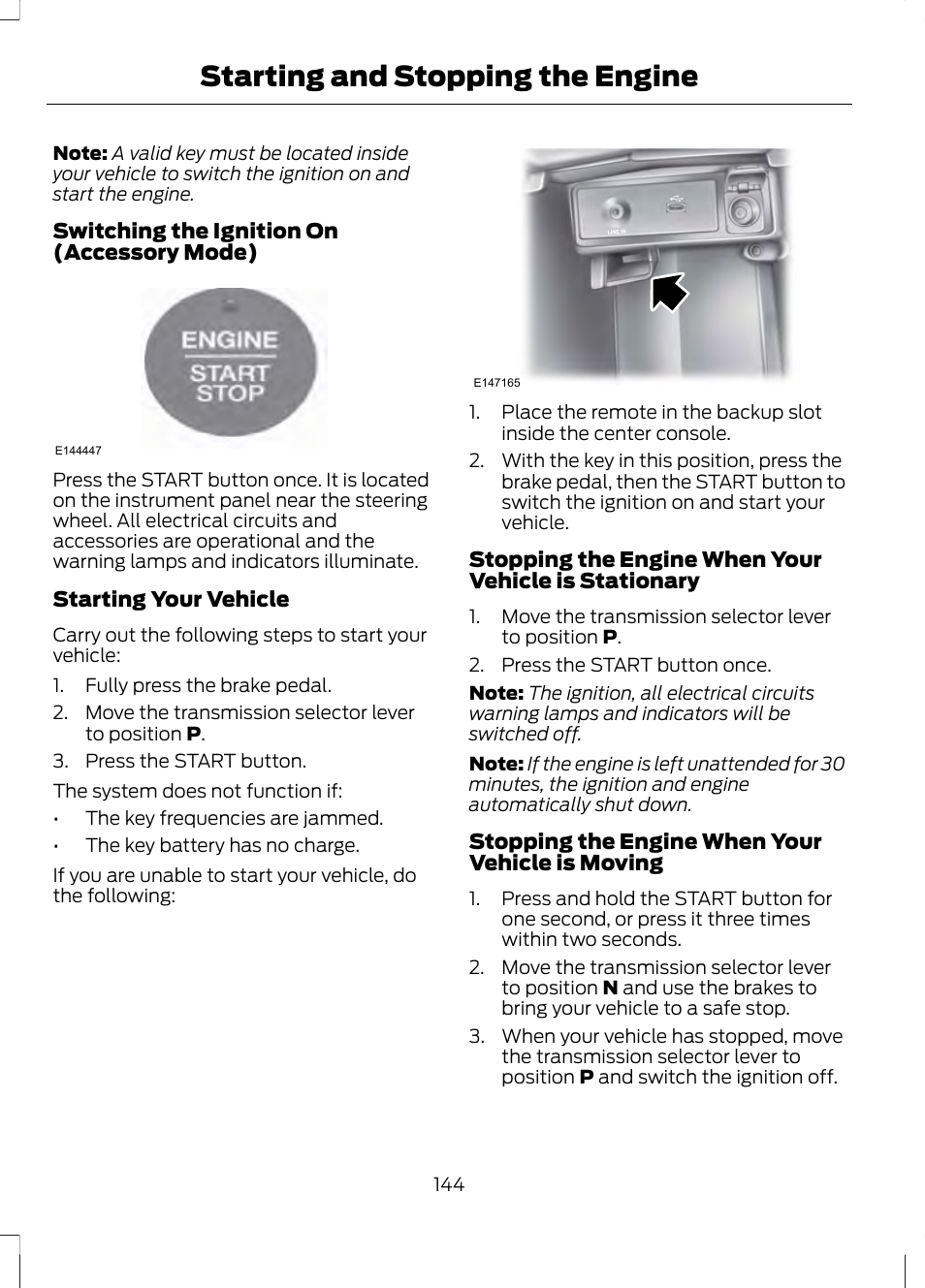 Starting and stopping the engine | FORD 2013 Fusion v.1 User Manual | Page 146 / 449