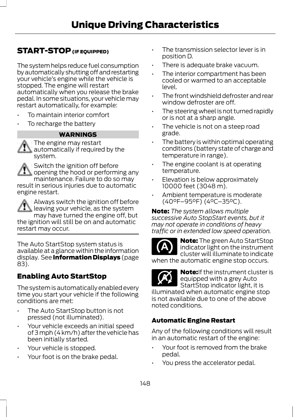 Unique driving characteristics, Start-stop, Unique driving character | Istics | FORD 2013 Fusion v.1 User Manual | Page 150 / 449
