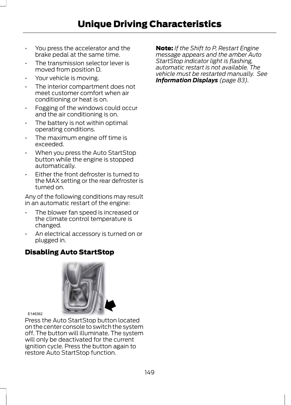 Unique driving characteristics, Disabling auto startstop | FORD 2013 Fusion v.1 User Manual | Page 151 / 449