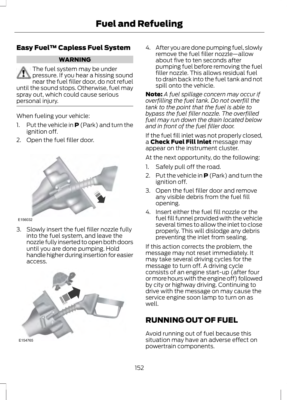 Running out of fuel, Fuel and refueling | FORD 2013 Fusion v.1 User Manual | Page 154 / 449