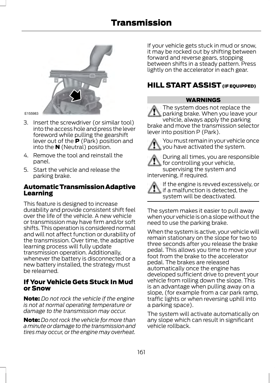 Hill start assist, Transmission | FORD 2013 Fusion v.1 User Manual | Page 163 / 449