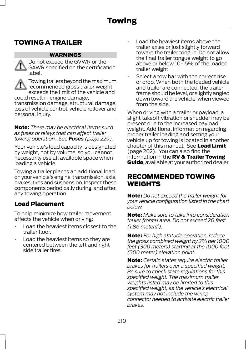 Towing, Towing a trailer, Recommended towing weights | Towing a trailer recommended towing weights | FORD 2013 Fusion v.1 User Manual | Page 212 / 449