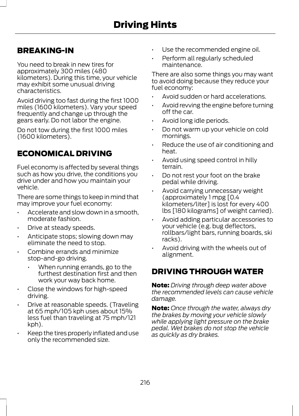 Driving hints, Breaking-in, Economical driving | Driving through water | FORD 2013 Fusion v.1 User Manual | Page 218 / 449