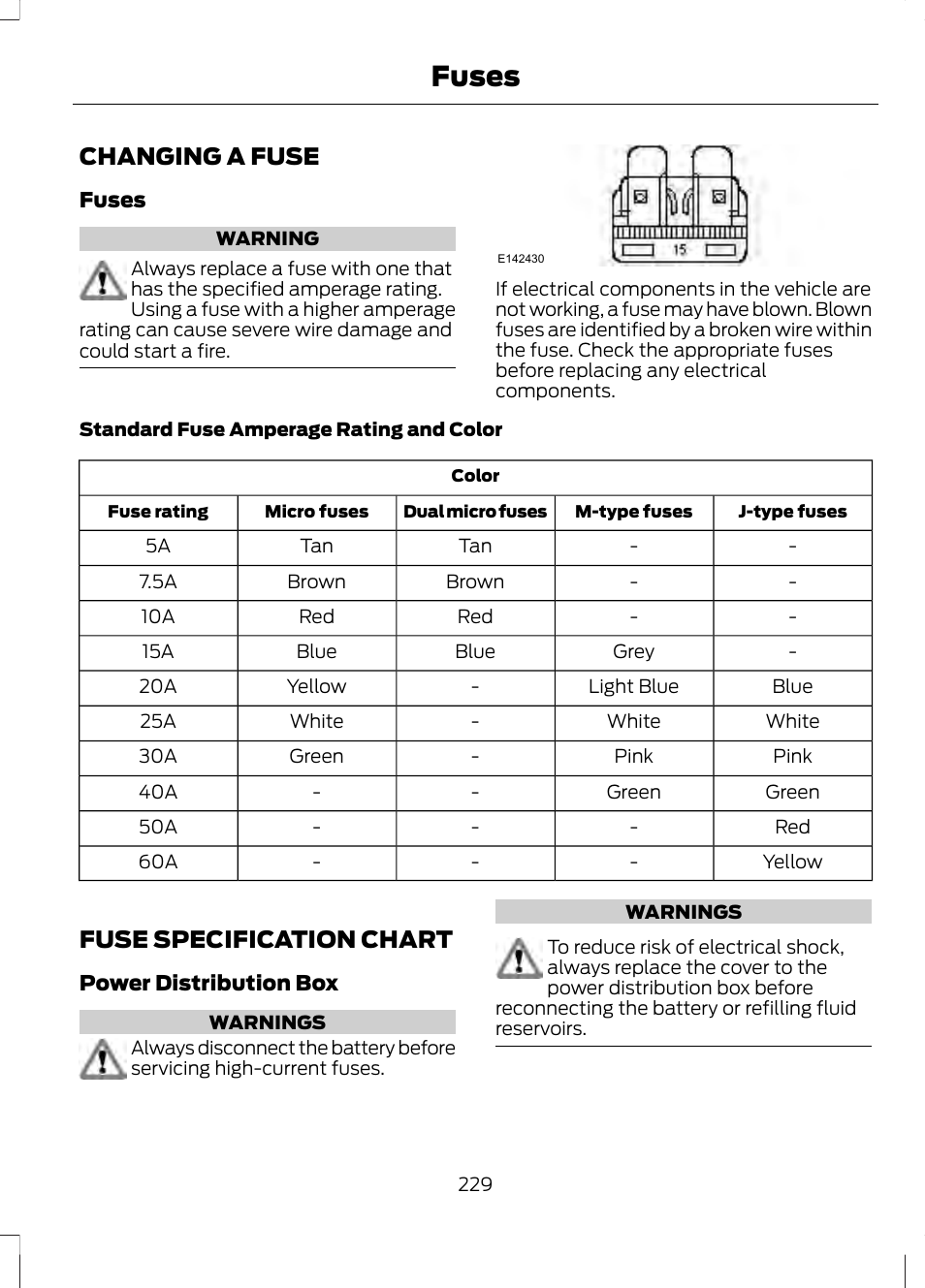 Fuses, Changing a fuse, Fuse specification chart | Changing a fuse fuse specification chart | FORD 2013 Fusion v.1 User Manual | Page 231 / 449