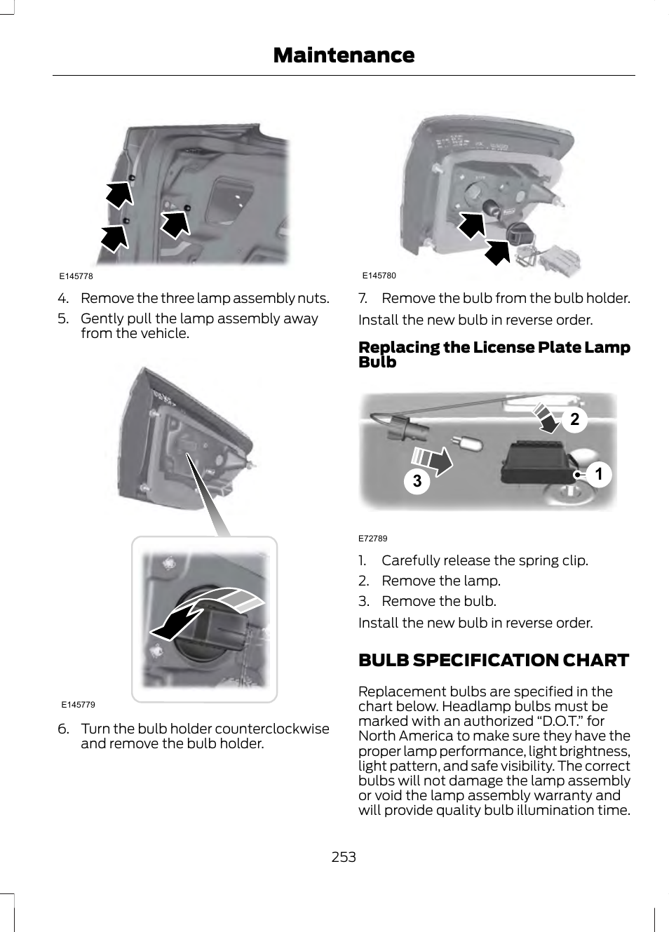 Bulb specification chart, Maintenance | FORD 2013 Fusion v.1 User Manual | Page 255 / 449