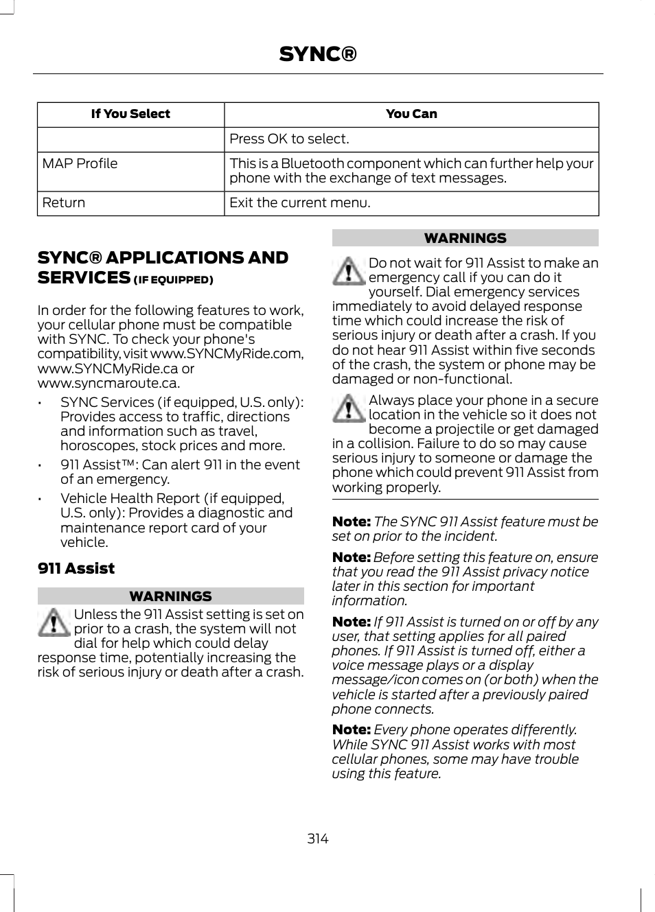 Sync® applications and services, Sync | FORD 2013 Fusion v.1 User Manual | Page 316 / 449