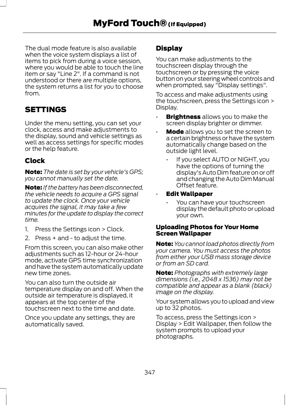 Settings, Myford touch | FORD 2013 Fusion v.1 User Manual | Page 349 / 449