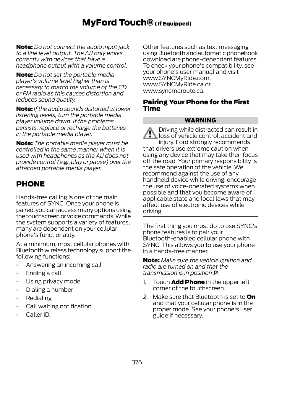 Phone, Myford touch | FORD 2013 Fusion v.1 User Manual | Page 378 / 449