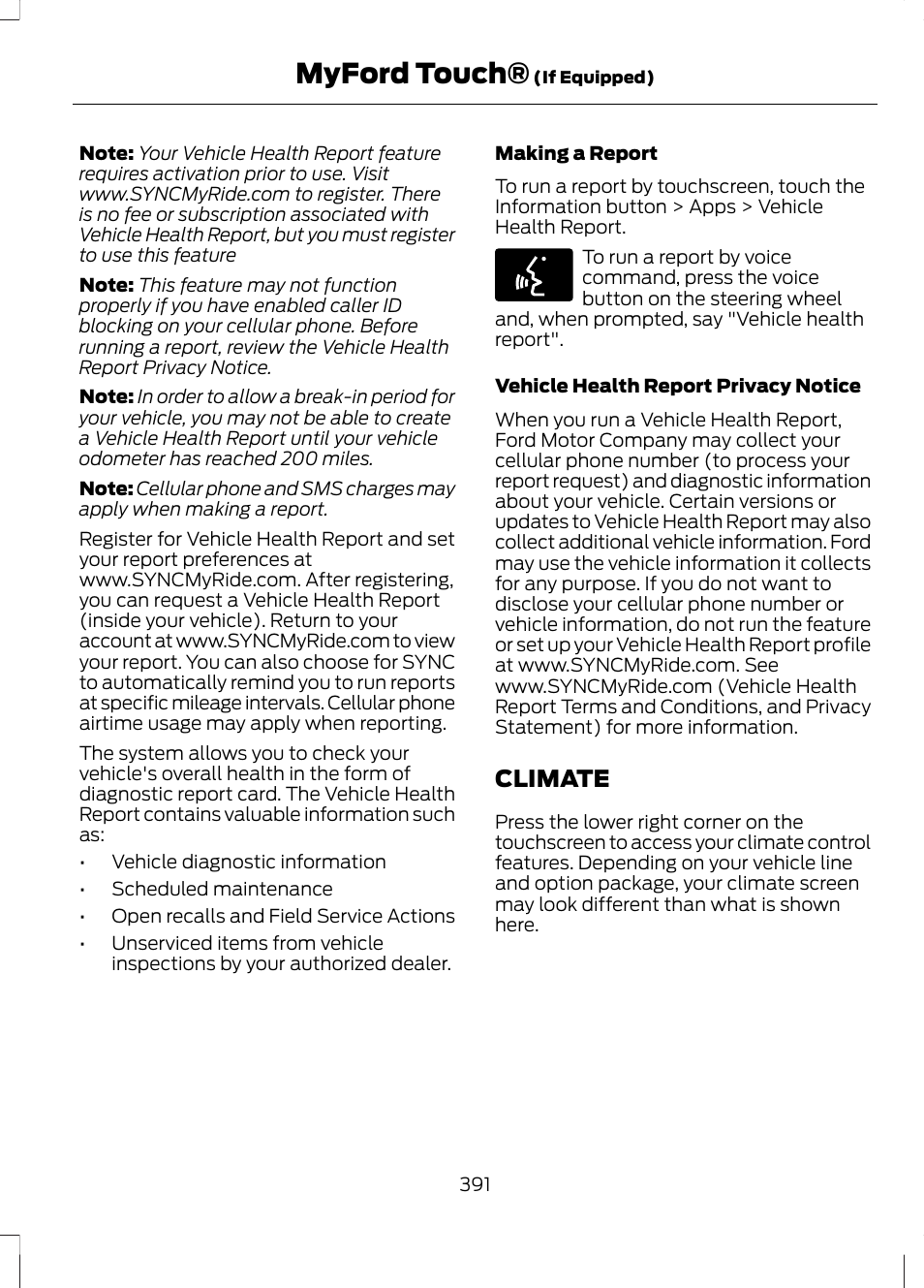 Climate, Myford touch | FORD 2013 Fusion v.1 User Manual | Page 393 / 449