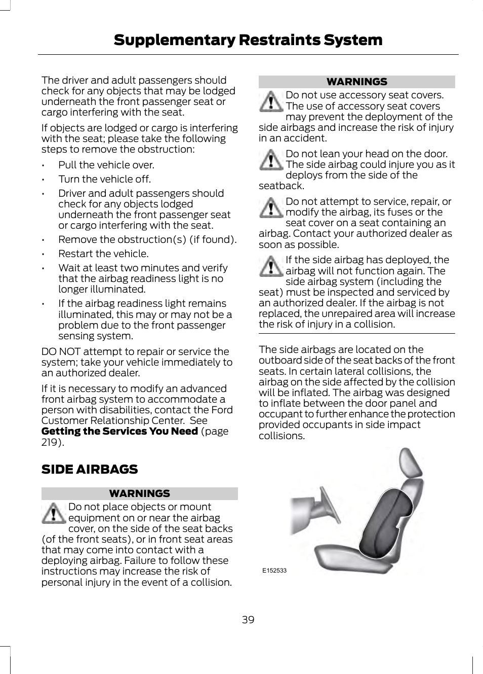 Side airbags, Supplementary restraints system | FORD 2013 Fusion v.1 User Manual | Page 41 / 449