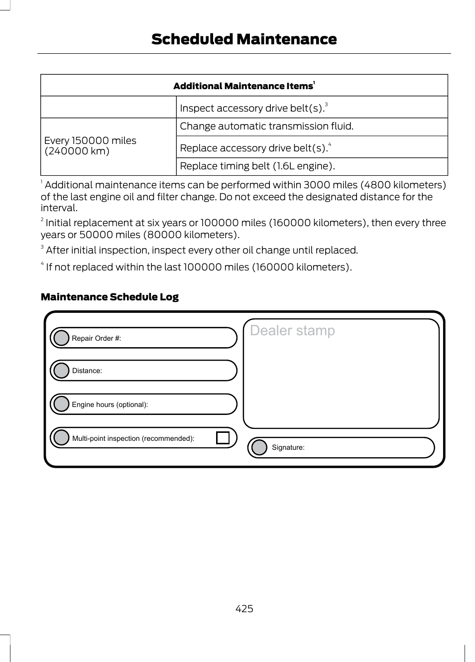 Dealer stamp, Scheduled maintenance | FORD 2013 Fusion v.1 User Manual | Page 427 / 449