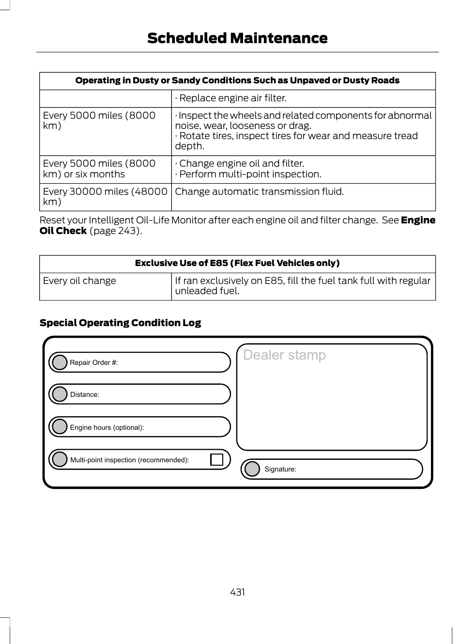 Dealer stamp, Scheduled maintenance | FORD 2013 Fusion v.1 User Manual | Page 433 / 449