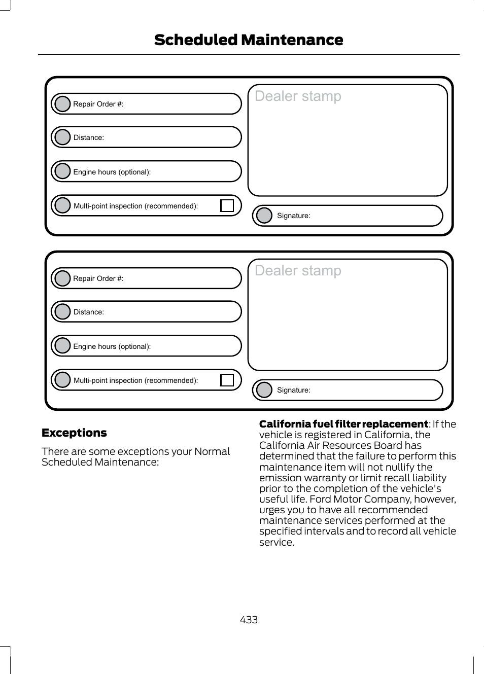 Dealer stamp, Scheduled maintenance, Exceptions | FORD 2013 Fusion v.1 User Manual | Page 435 / 449