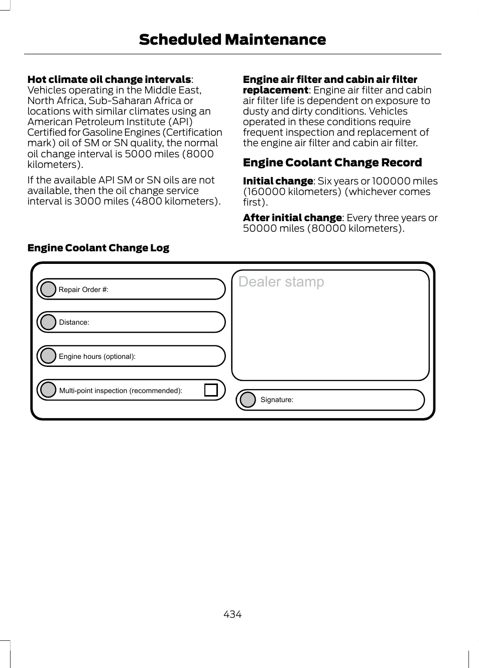 Dealer stamp, Scheduled maintenance | FORD 2013 Fusion v.1 User Manual | Page 436 / 449