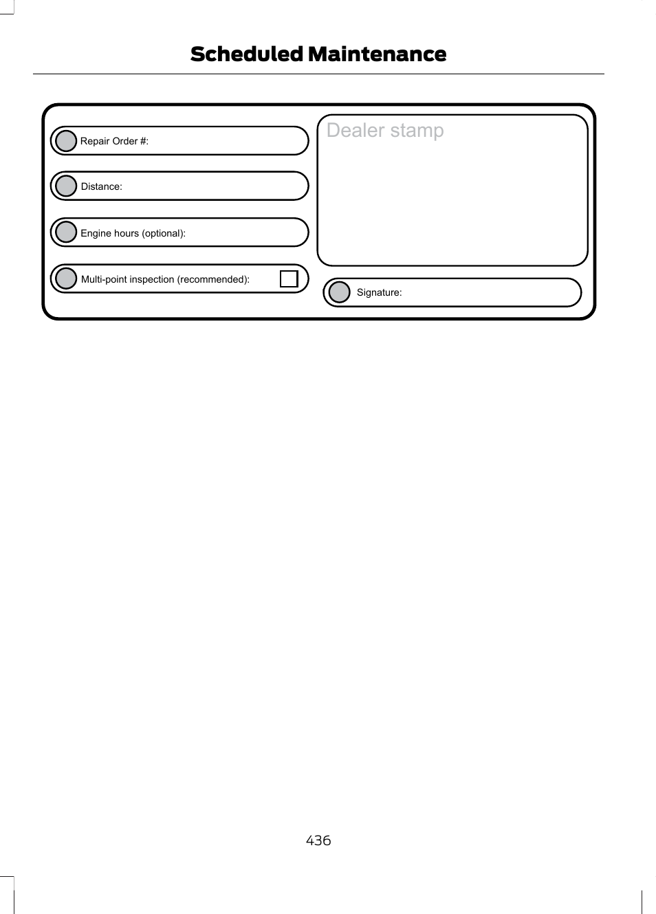 Dealer stamp, Scheduled maintenance | FORD 2013 Fusion v.1 User Manual | Page 438 / 449