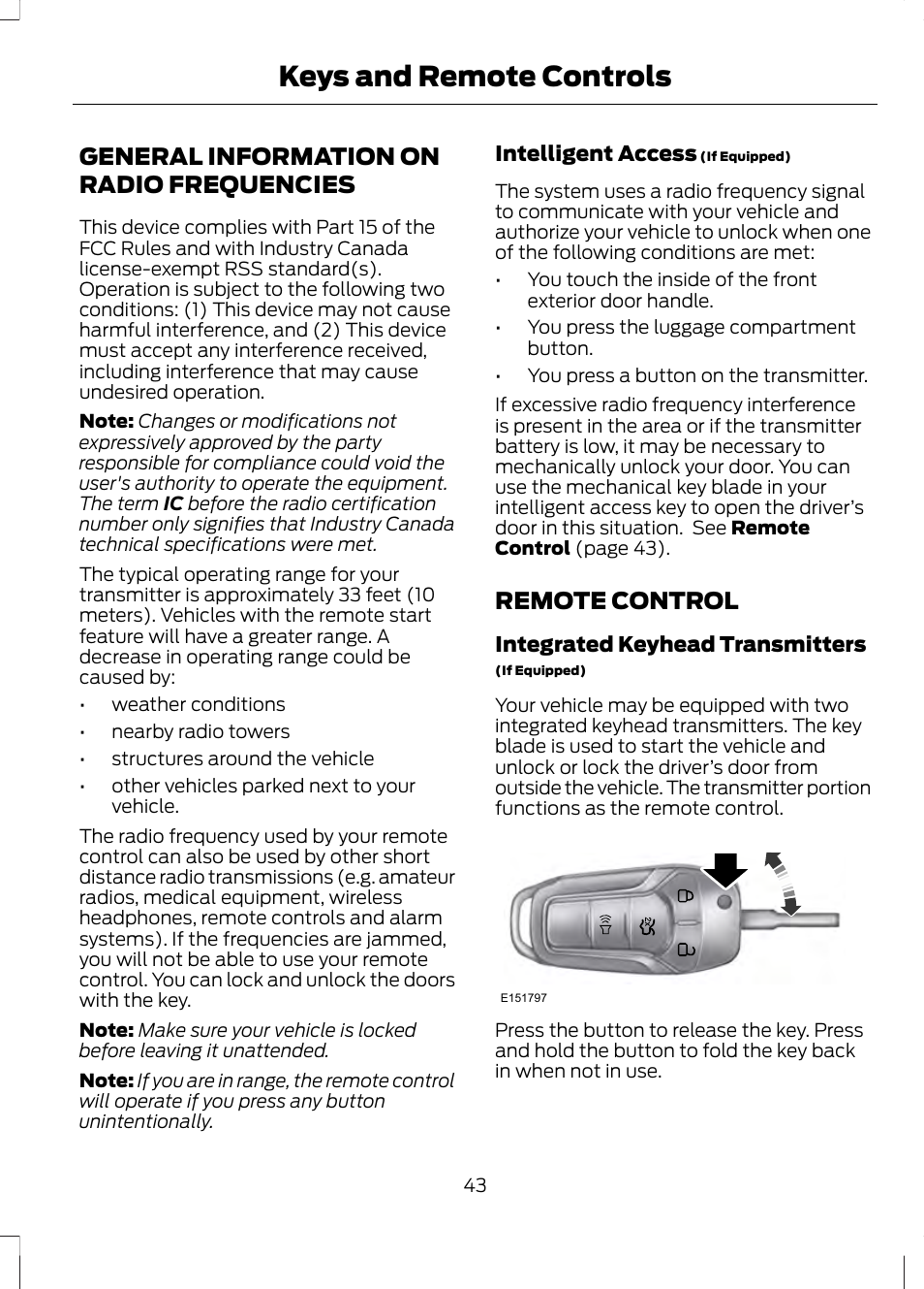 Keys and remote controls, General information on radio frequencies, Remote control | General information on radio, Frequencies | FORD 2013 Fusion v.1 User Manual | Page 45 / 449