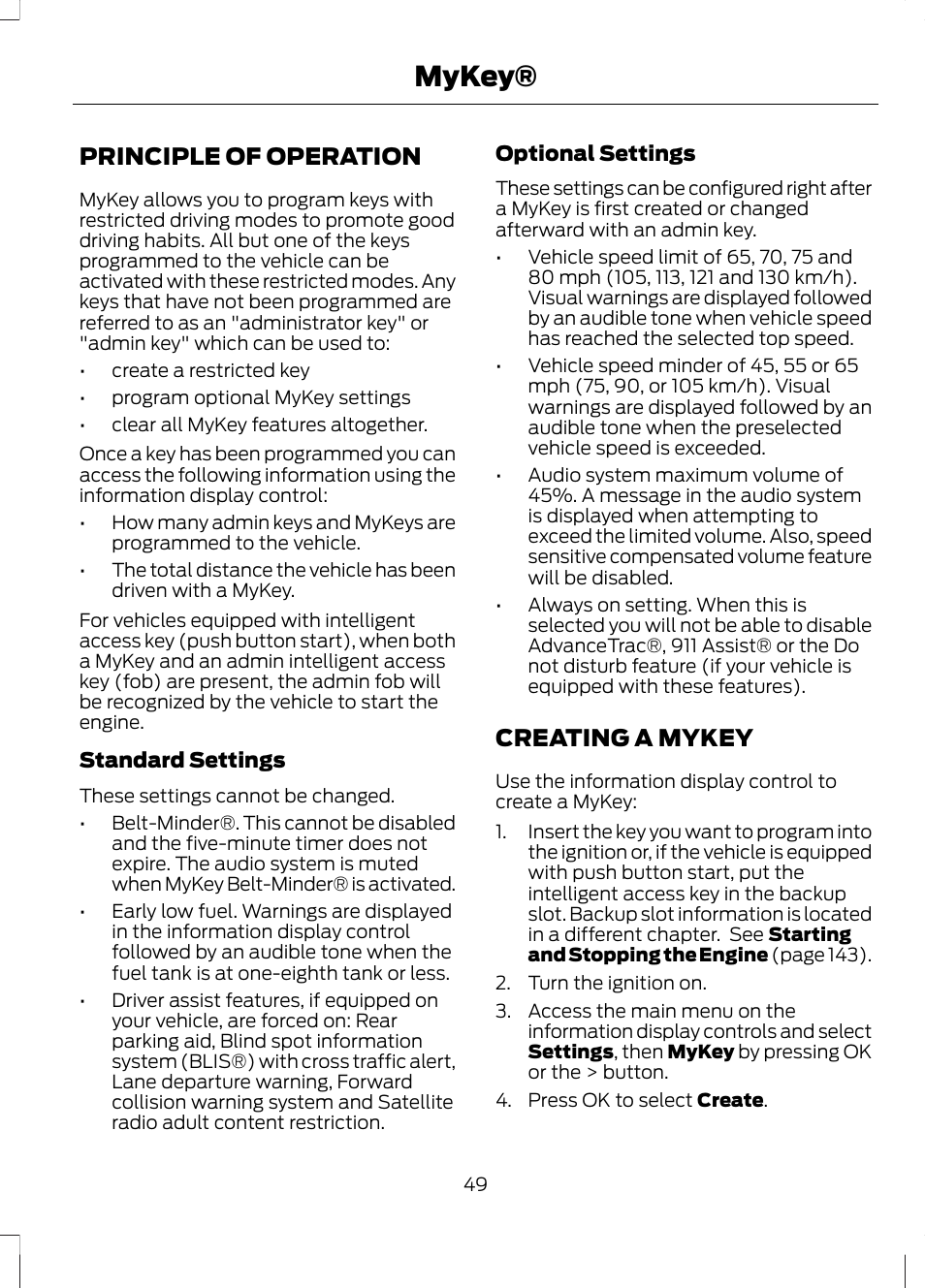 Mykey, Principle of operation, Creating a mykey | Principle of operation creating a mykey | FORD 2013 Fusion v.1 User Manual | Page 51 / 449