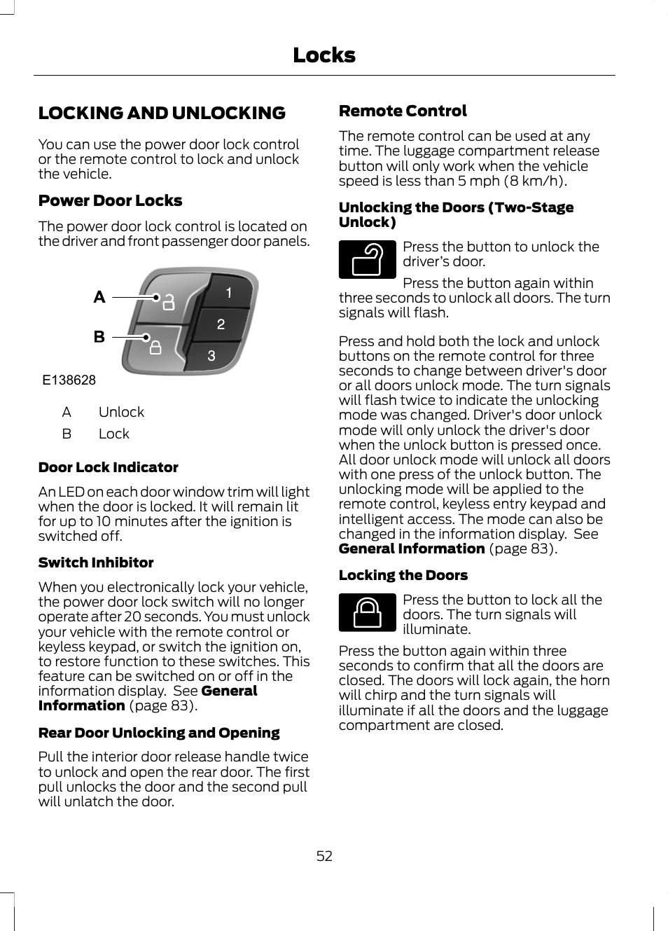 Locks, Locking and unlocking | FORD 2013 Fusion v.1 User Manual | Page 54 / 449