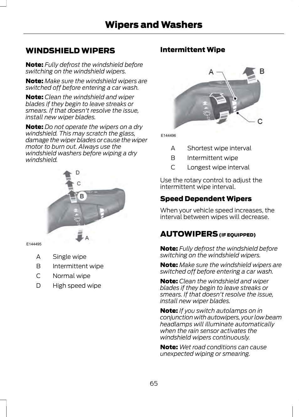 Wipers and washers, Windshield wipers, Autowipers | FORD 2013 Fusion v.1 User Manual | Page 67 / 449