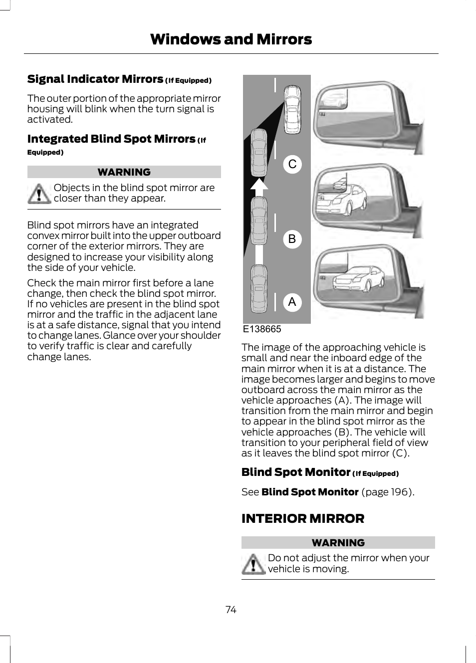 Interior mirror, Windows and mirrors, Ab c | FORD 2013 Fusion v.1 User Manual | Page 76 / 449