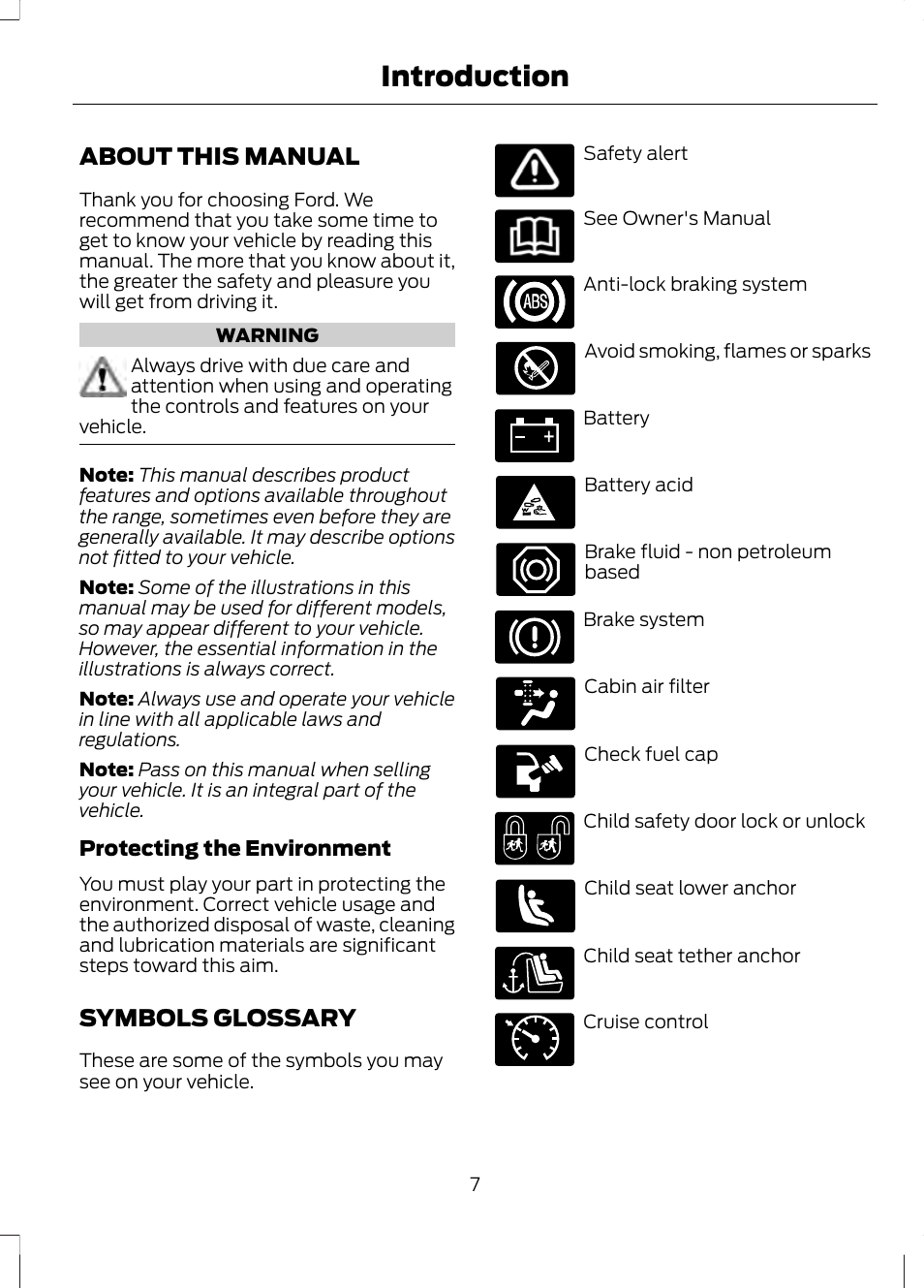 Introduction, About this manual, Symbols glossary | About this manual symbols glossary | FORD 2013 Fusion v.1 User Manual | Page 9 / 449