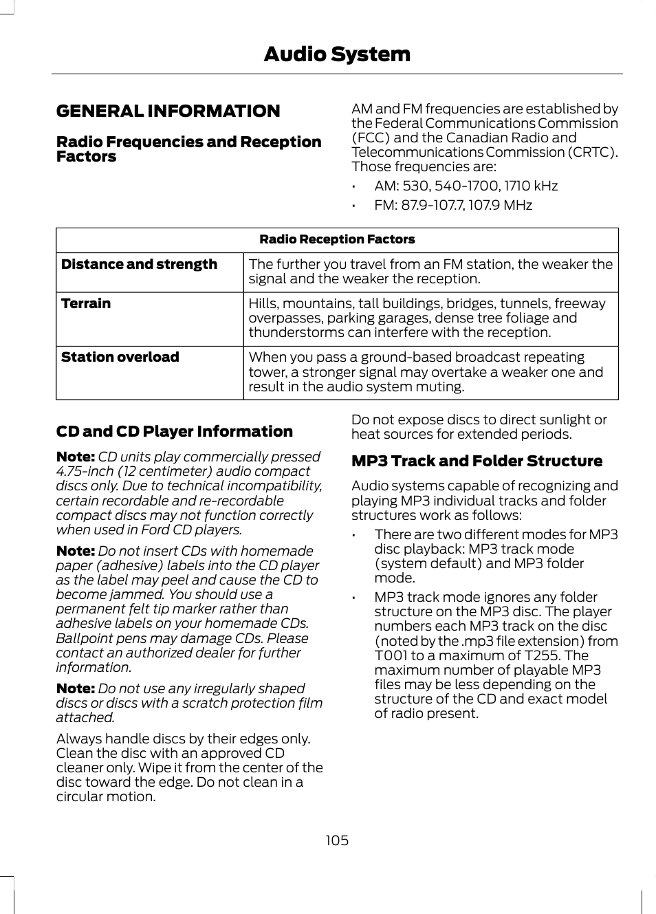 Audio system, General information | FORD 2013 Fusion v.2 User Manual | Page 107 / 453