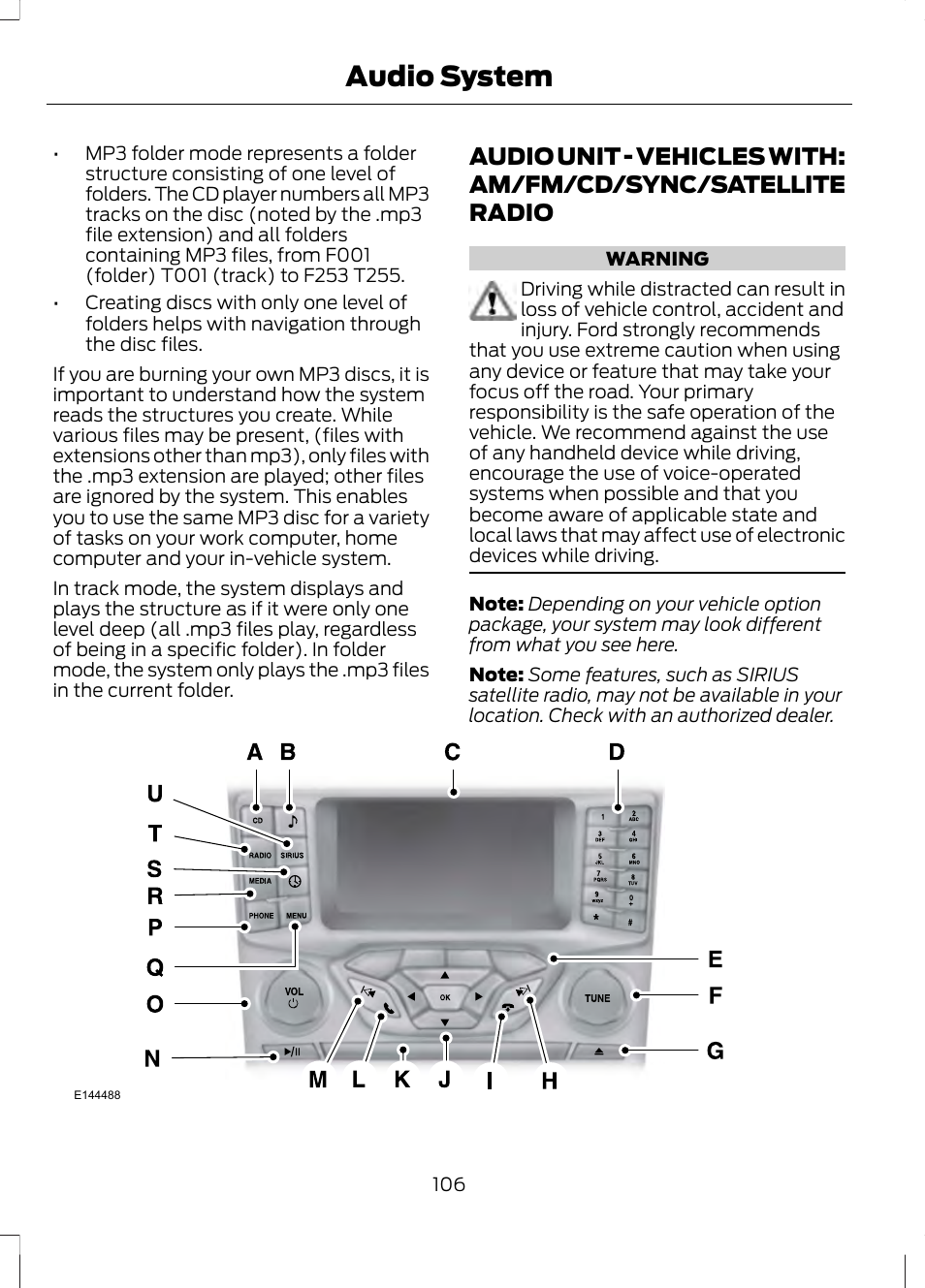 Audio unit, Audio unit - vehicles with, Am/fm/cd/sync/satellite radio | Audio system | FORD 2013 Fusion v.2 User Manual | Page 108 / 453