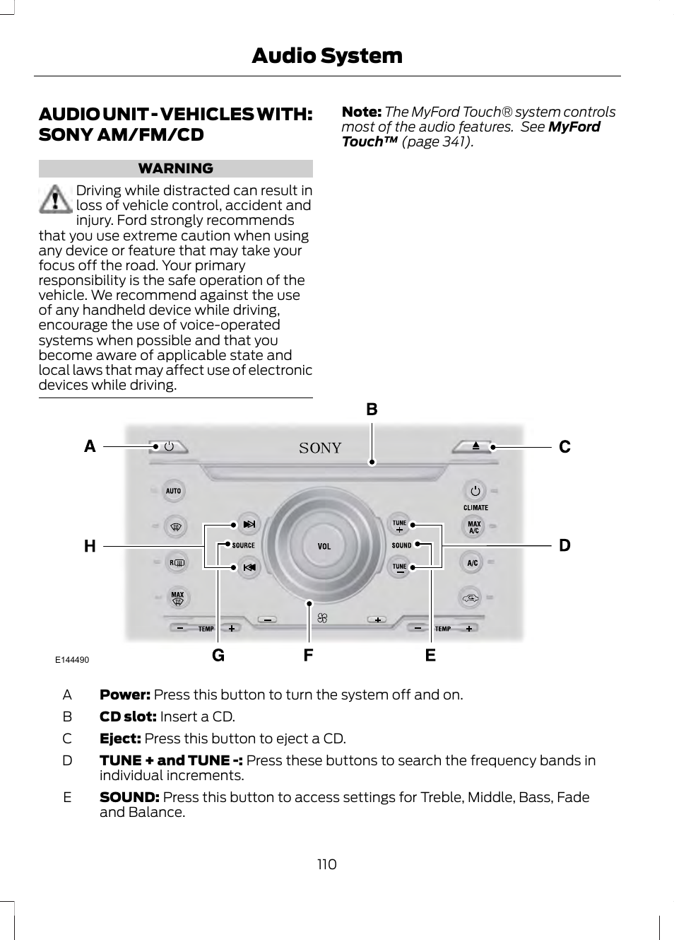 Audio unit, Audio unit - vehicles with: sony, Am/fm/cd | Audio system, Audio unit - vehicles with: sony am/fm/cd | FORD 2013 Fusion v.2 User Manual | Page 112 / 453