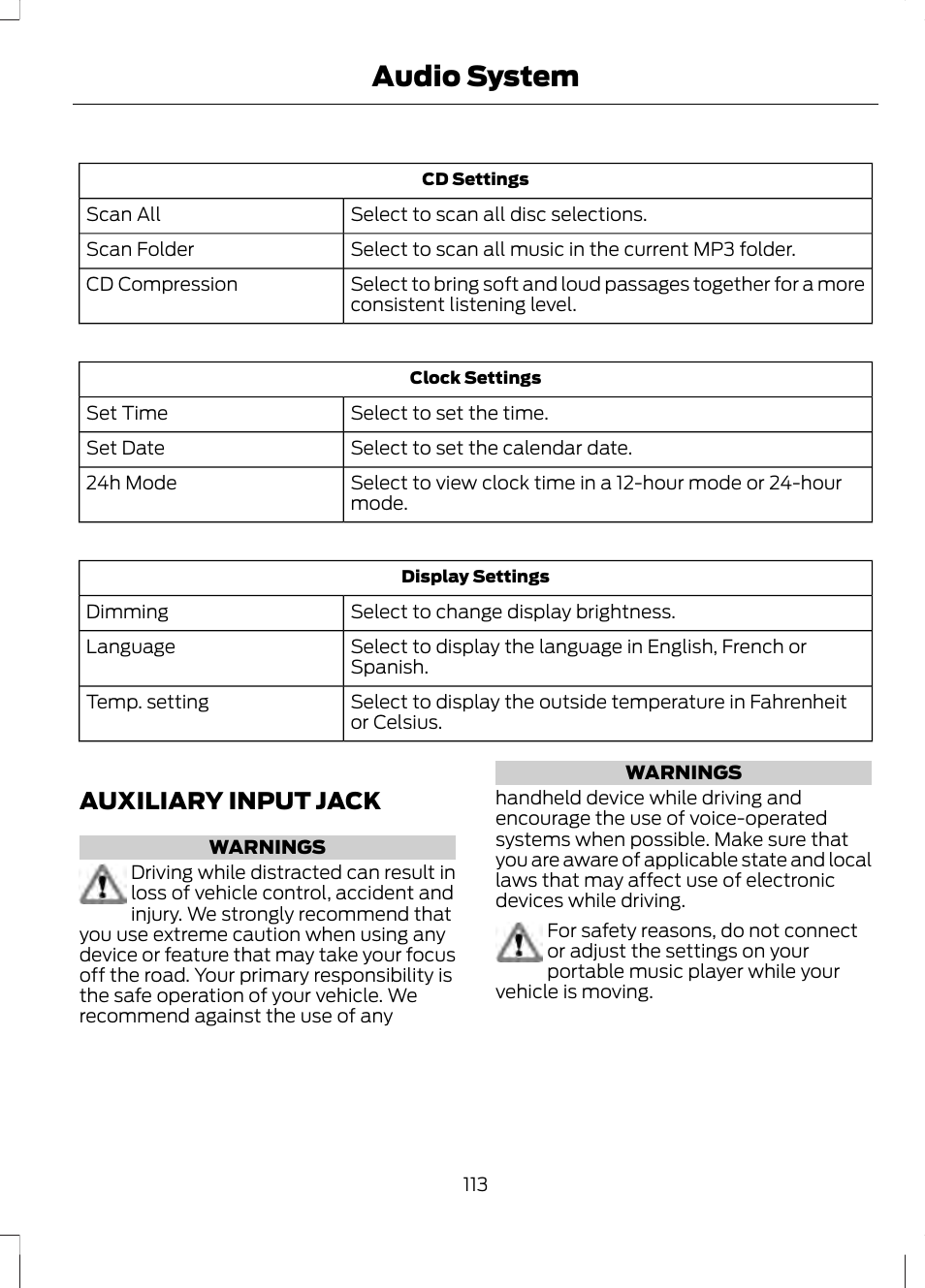 Auxiliary input jack, Audio system | FORD 2013 Fusion v.2 User Manual | Page 115 / 453