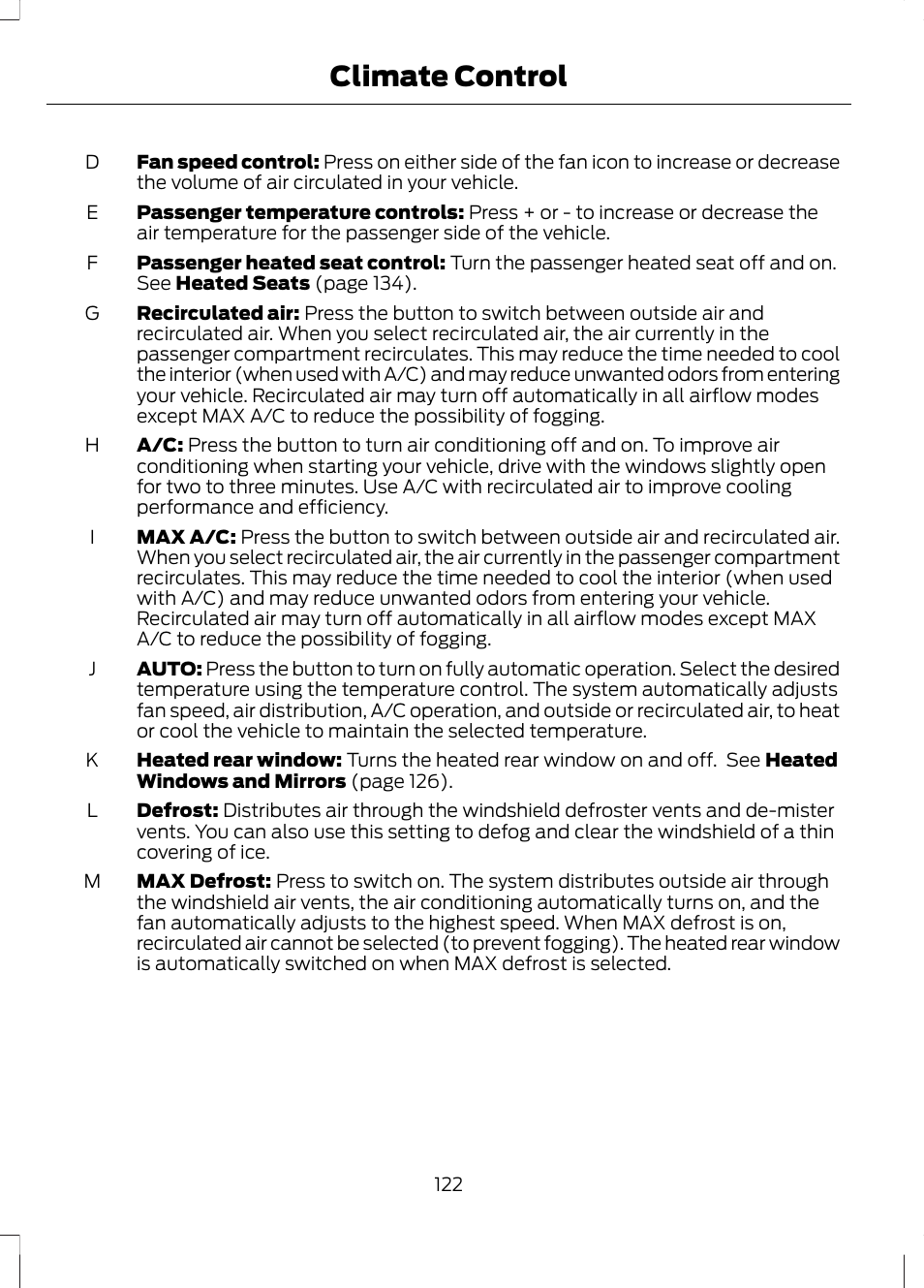 Climate control | FORD 2013 Fusion v.2 User Manual | Page 124 / 453