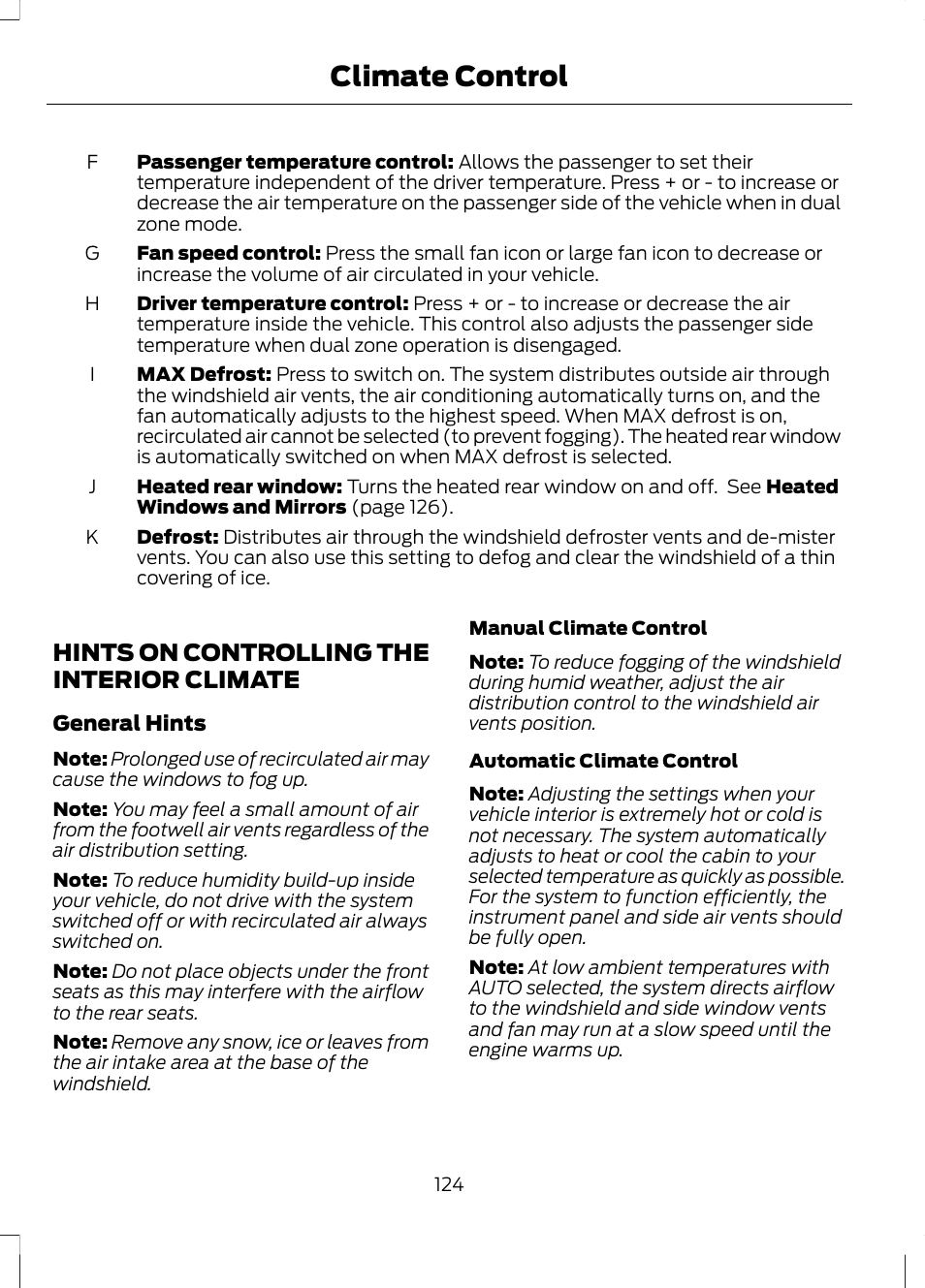 Hints on controlling the interior climate, Hints on controlling the interior, Climate | Climate control | FORD 2013 Fusion v.2 User Manual | Page 126 / 453