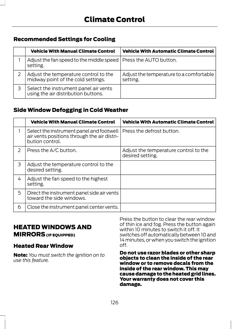 Heated windows and mirrors, Climate control | FORD 2013 Fusion v.2 User Manual | Page 128 / 453