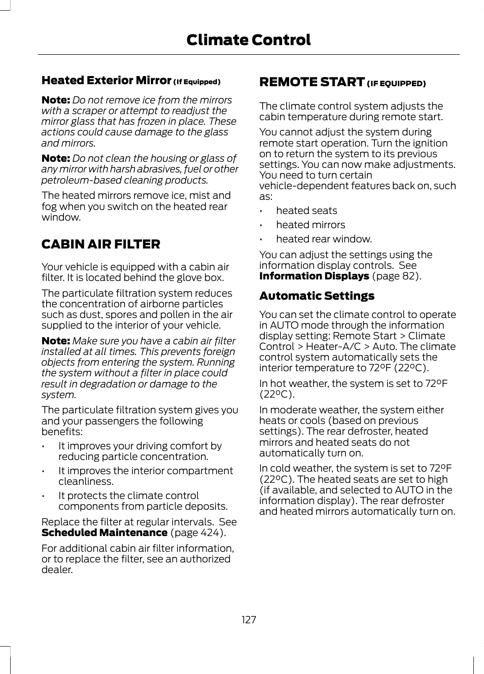 Cabin air filter, Remote start, Cabin air filter remote start | Climate control | FORD 2013 Fusion v.2 User Manual | Page 129 / 453