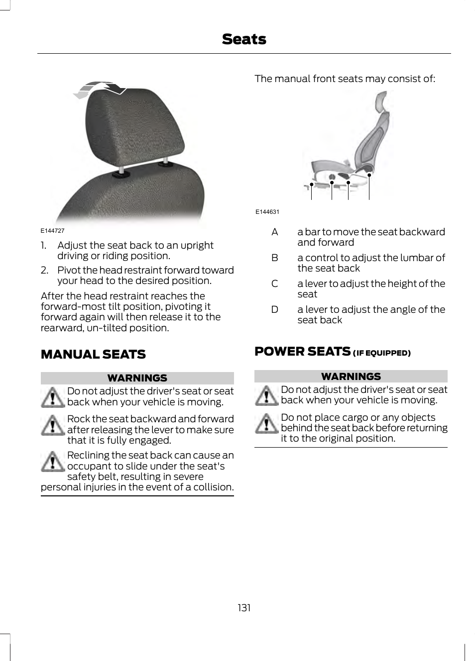 Manual seats, Power seats, Manual seats power seats | Seats, Ab c d | FORD 2013 Fusion v.2 User Manual | Page 133 / 453