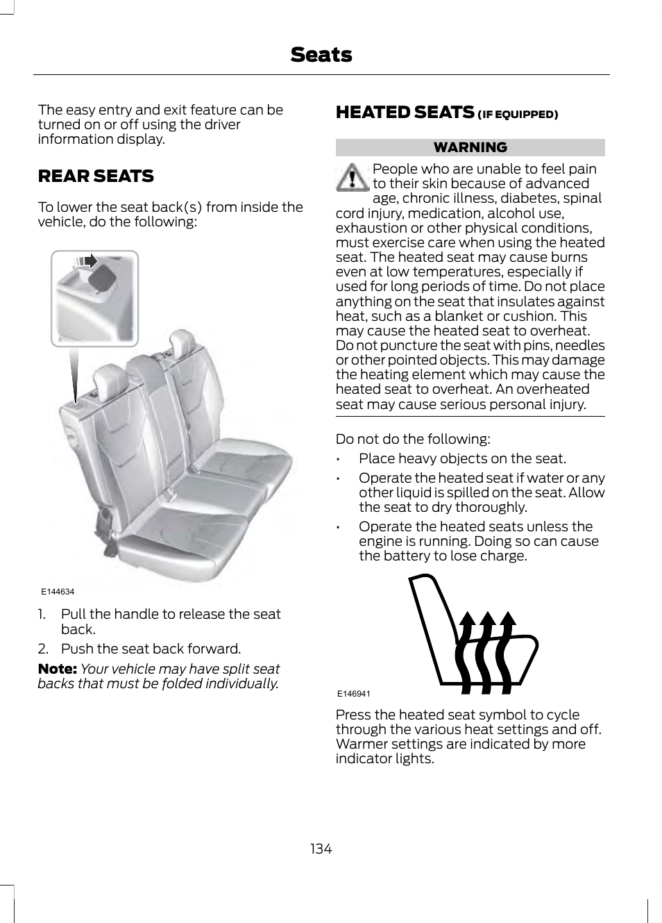 Rear seats, Heated seats, Rear seats heated seats | Seats | FORD 2013 Fusion v.2 User Manual | Page 136 / 453