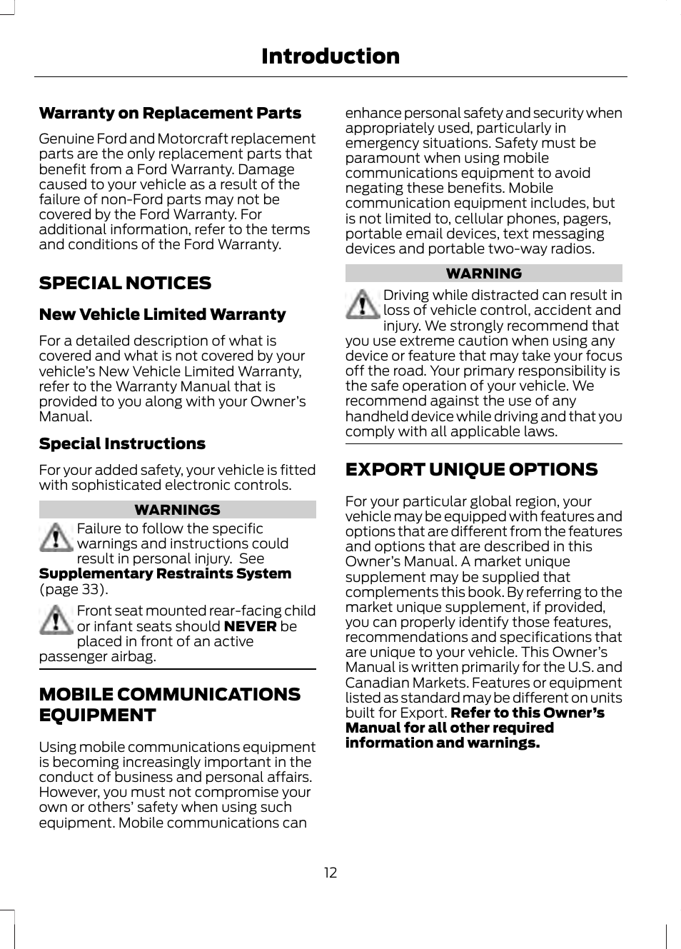 Special notices, Mobile communications equipment, Export unique options | Special notices mobile communications, Equipment, Introduction | FORD 2013 Fusion v.2 User Manual | Page 14 / 453