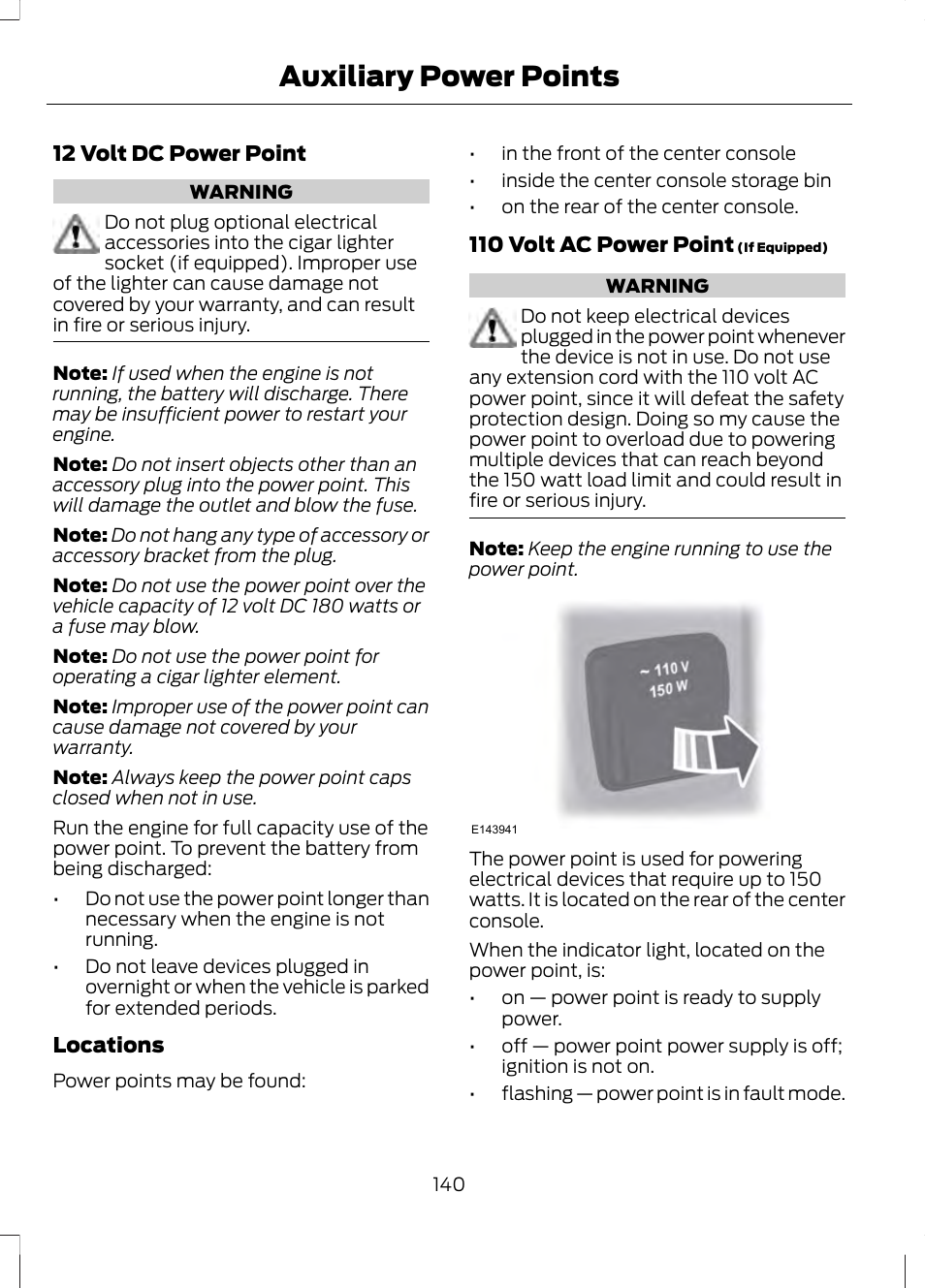 Auxiliary power points | FORD 2013 Fusion v.2 User Manual | Page 142 / 453