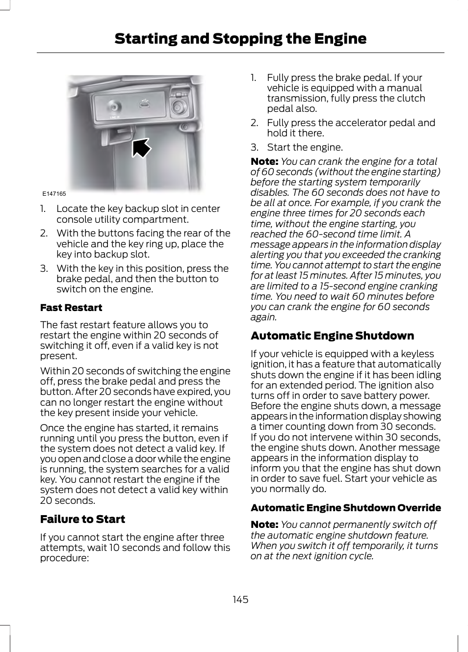 Starting and stopping the engine | FORD 2013 Fusion v.2 User Manual | Page 147 / 453