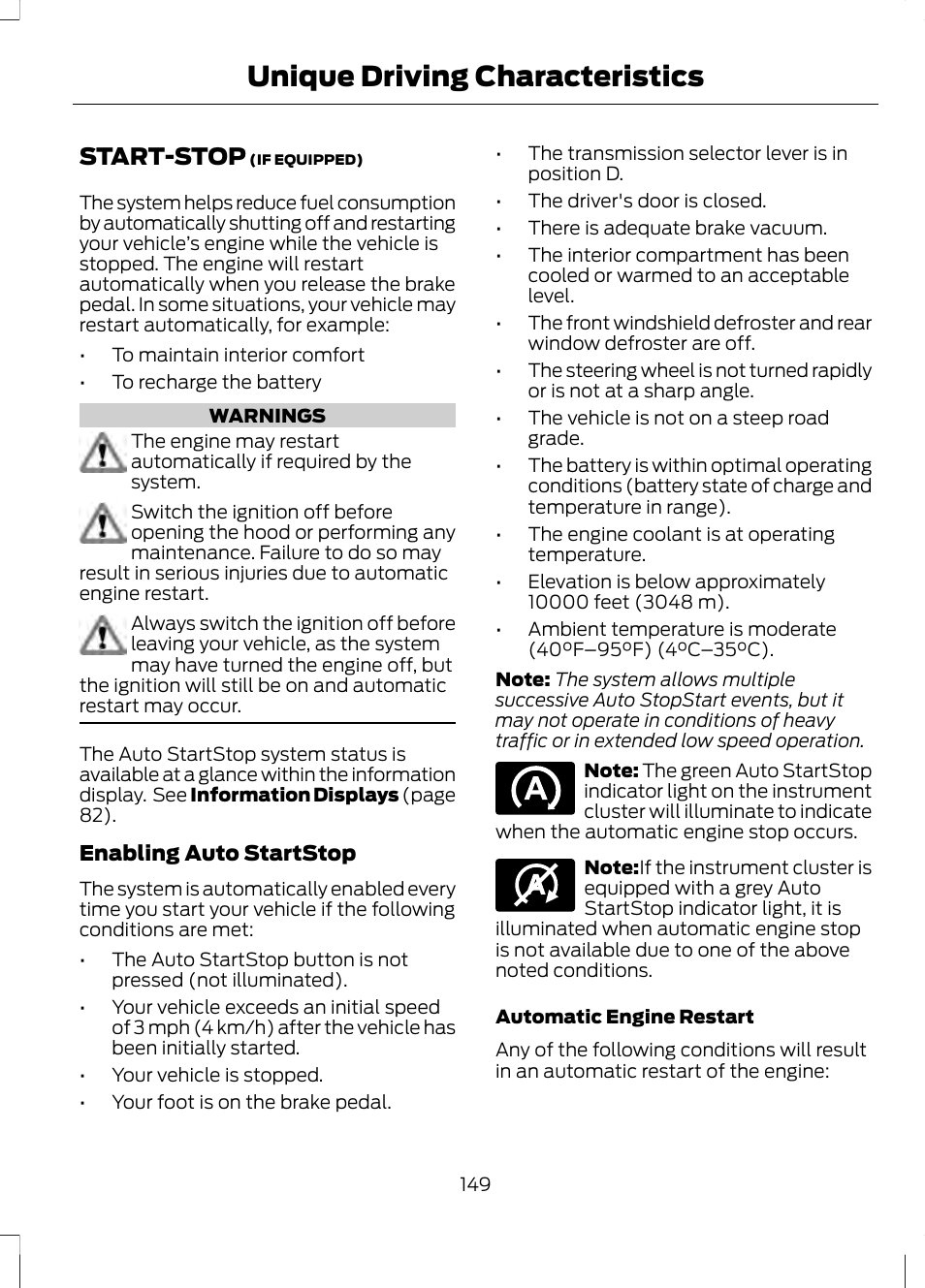 Unique driving characteristics, Start-stop, Unique driving character | Istics | FORD 2013 Fusion v.2 User Manual | Page 151 / 453