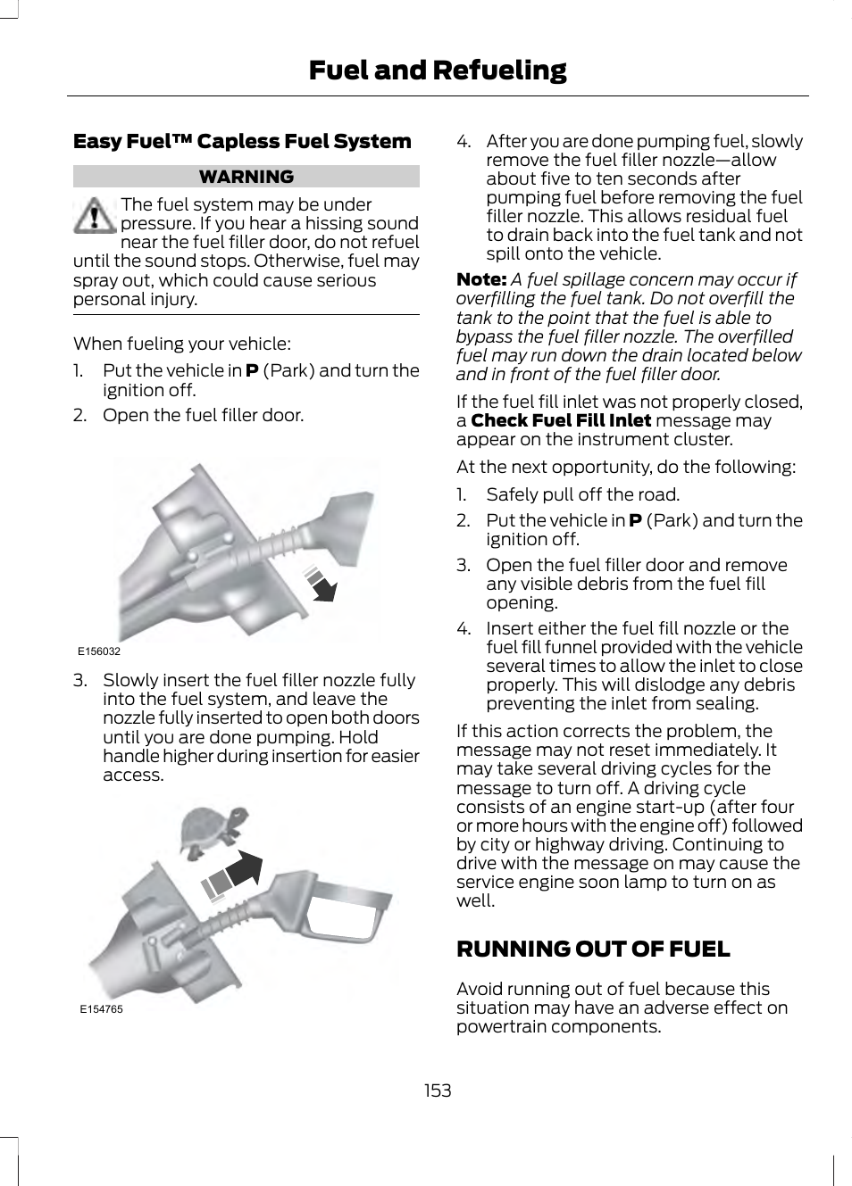 Running out of fuel, Fuel and refueling | FORD 2013 Fusion v.2 User Manual | Page 155 / 453