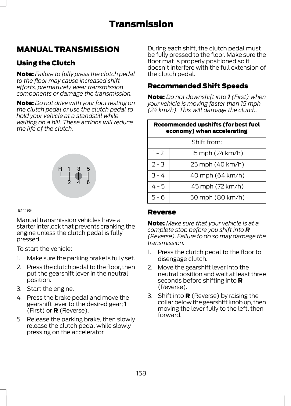 Transmission, Manual transmission | FORD 2013 Fusion v.2 User Manual | Page 160 / 453